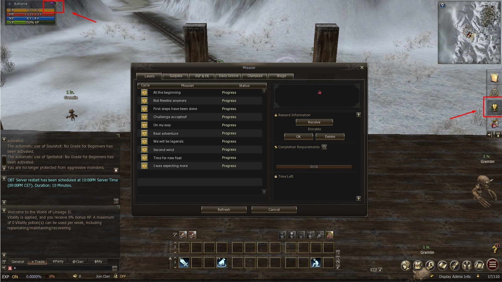 How to open the achievements menu Lineage 2